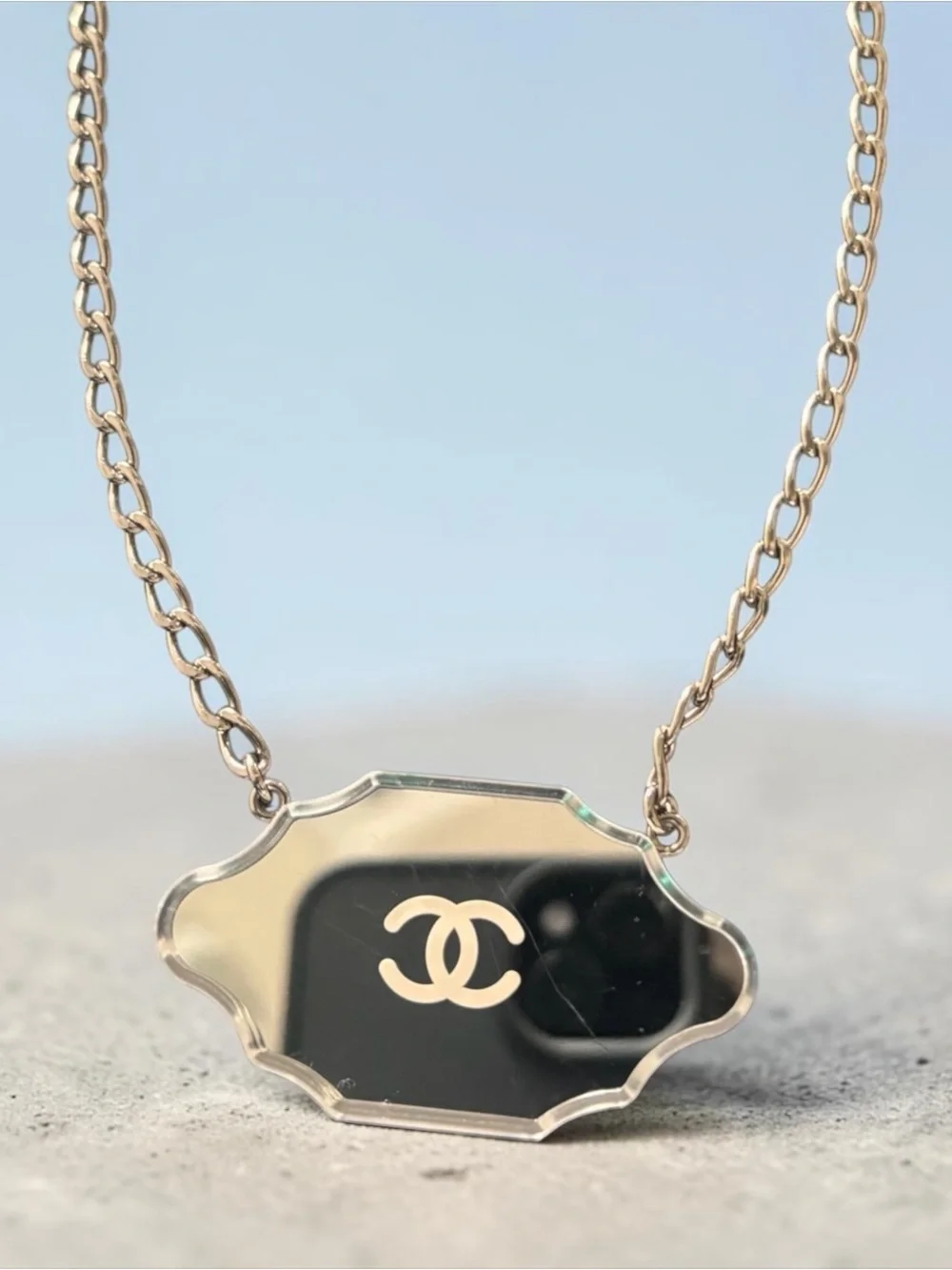 AUTHENTIC CHANEL CC Mirror Pendant Silver Necklace